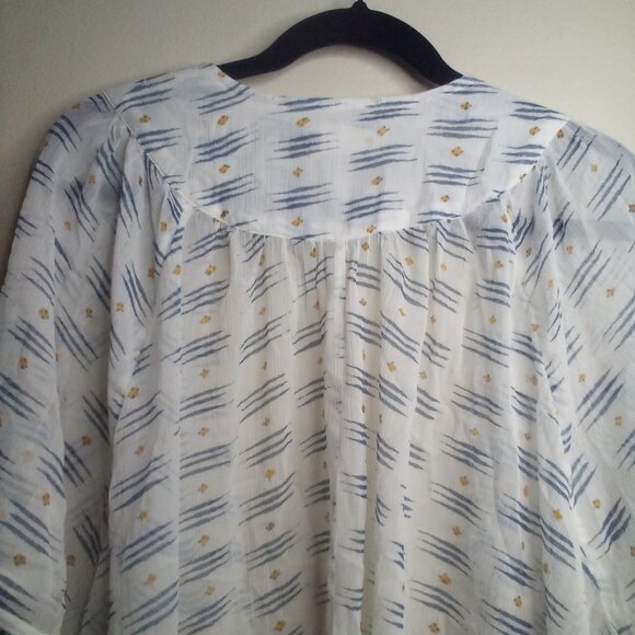 So Open Front Blouse XL Short Sleeve Sheer Patterned White Blue Yellow - Picture 4 of 16